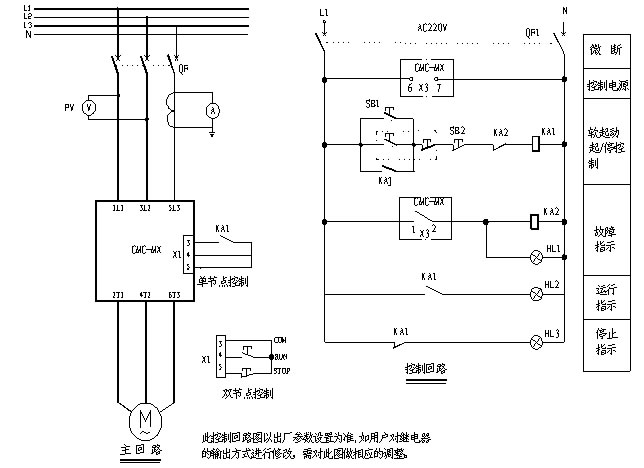 CMC-MX內(nèi)置旁路軟起動(dòng)器基本接線原理圖、三角形內(nèi)接連接圖和典型應(yīng)用接線圖(圖3)